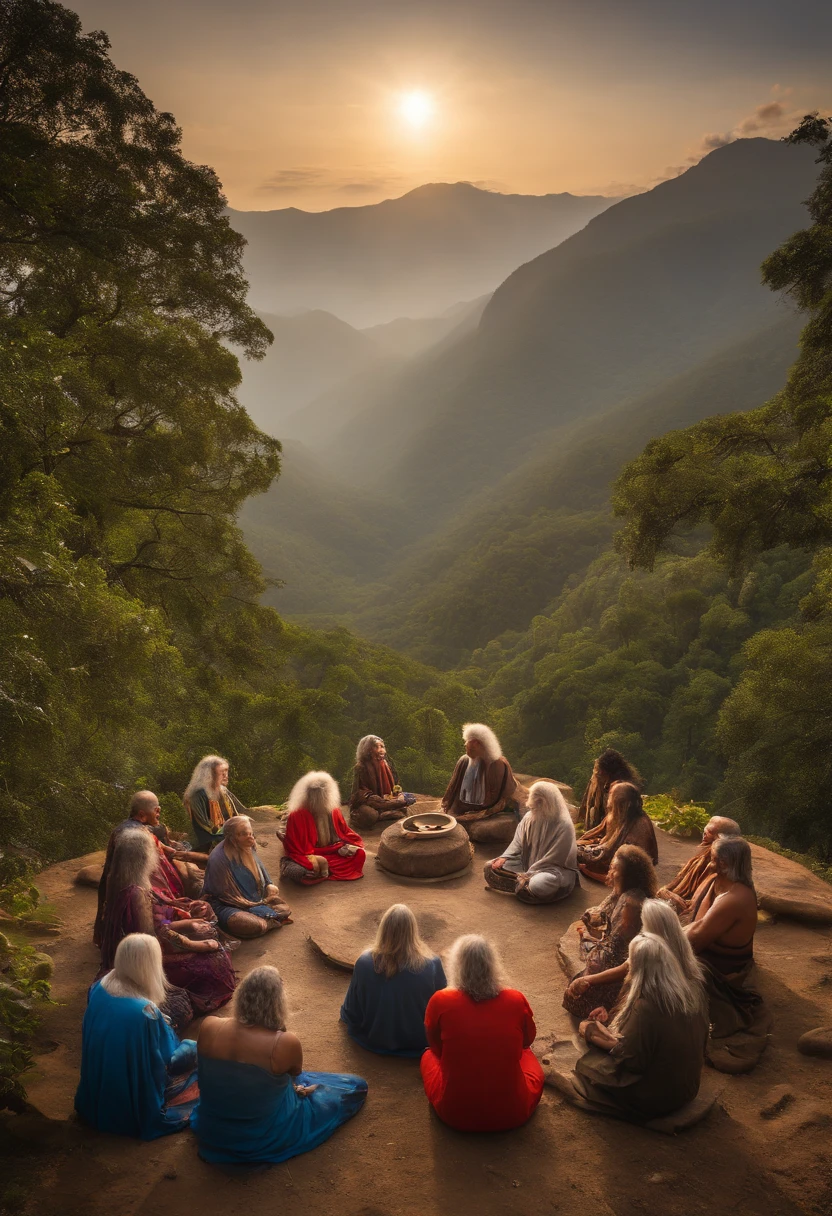 A group of participants sitting in a sacred circle, ready for the Ayahuasca ceremony,original,piercing, insightful eyes that reflect a lifetime of understanding the mind’s mysteries, and lengthy, silver hair that flows like a river down his back, complementing his earth-toned robes adorned with symbols of the natural world. His skin bears intricate tattoos, each a testament to a particular plant or psychedelic compound he has mastered. , male