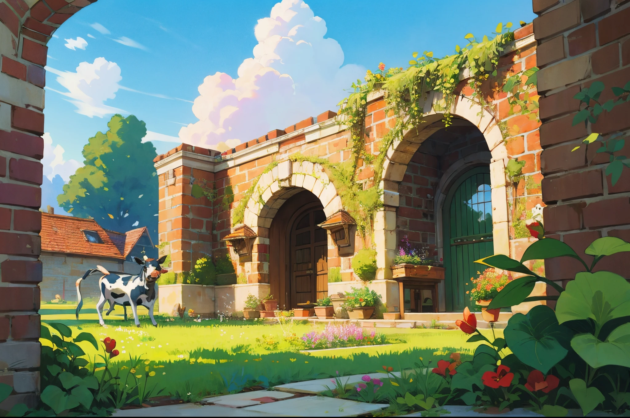 2-storey townhouse, with a vegetable garden, red painted railings, white brick walls, and an arched main door. There are clouds flying above, and there are cows eating grass. no roof