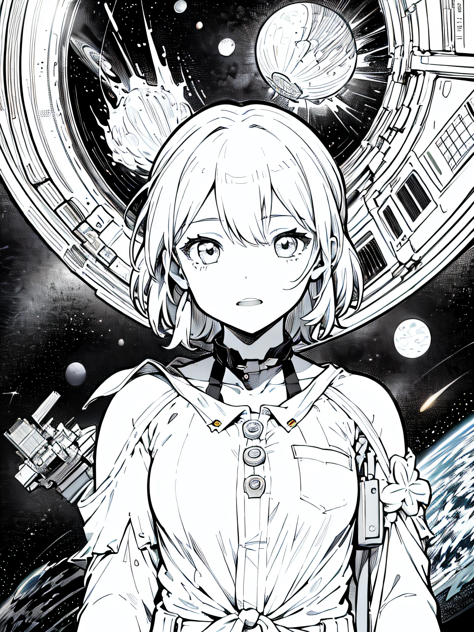 black and white manga style, Highly Detailed, Masterpiece, Hyper detailed, Illustration, (1 girl, 18 years old japanese woman figure), (march 7), in the space station, cinematic shot, ((manga, manga style, black and white))