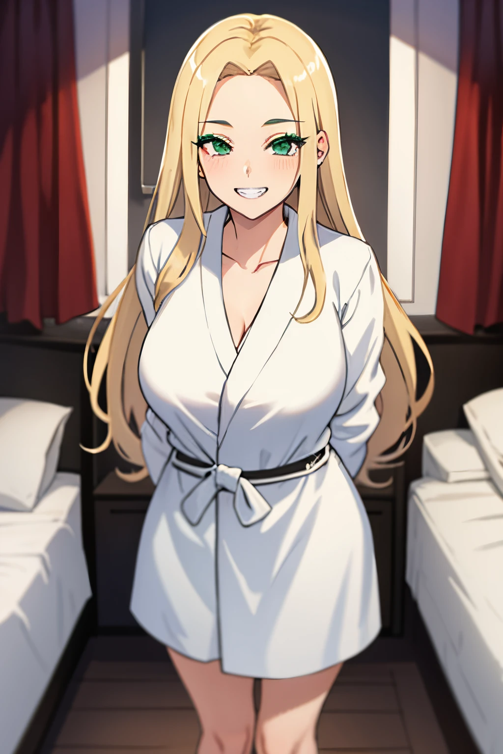 one girl, long hair, blond hair, dark green eyes,big breasts,forehead,(seductive smile,clenched teeth), (makeup),sexy white bathrobe,standing,standing,hands behind back, bedroom, pov from front