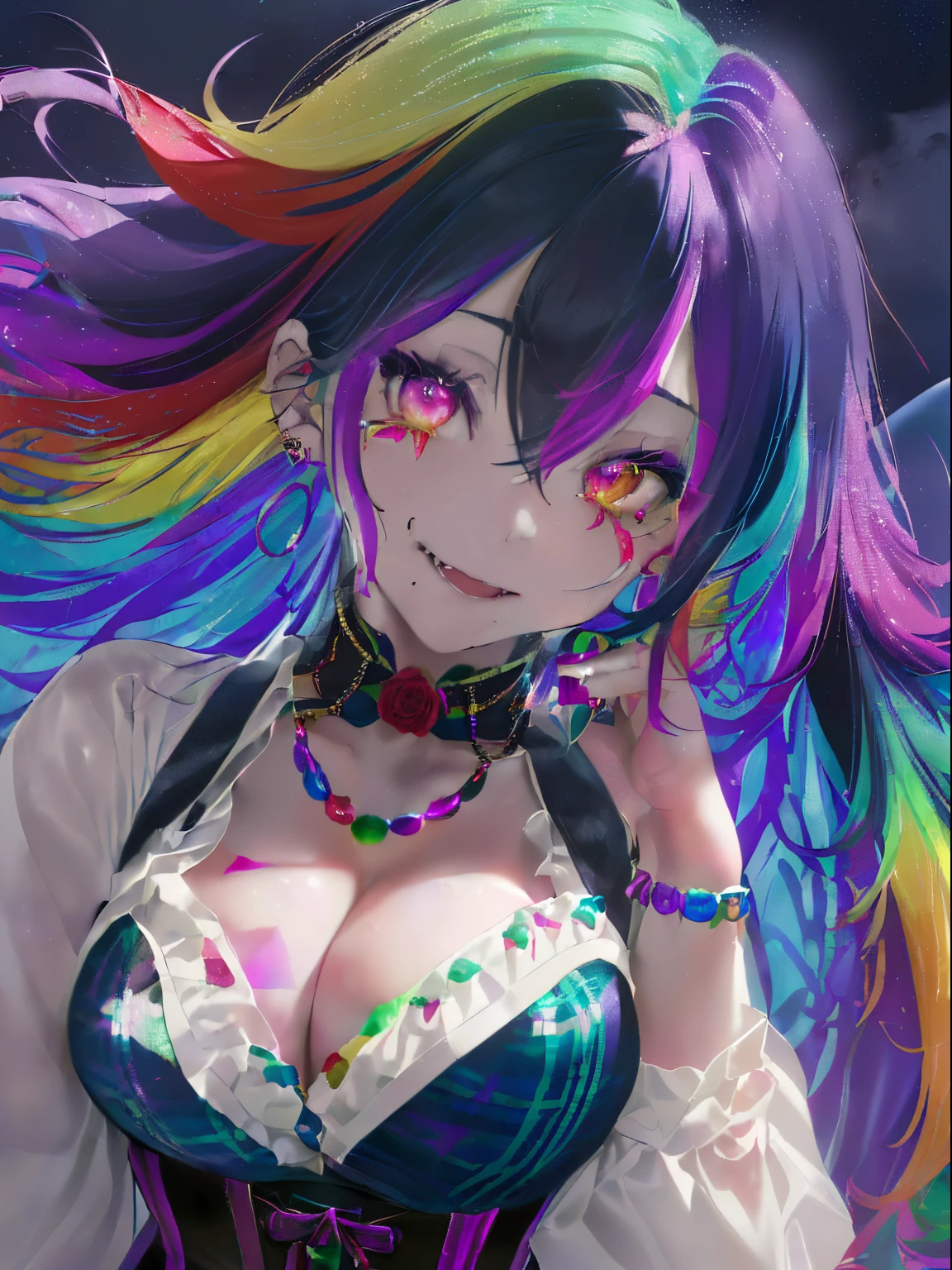 ((appearance々Colorful rainbow hair with mixed colors)),((Curled Hair)),(Bewitching smile),((Eyes with a mixture of colorful colors)),(balloon sleeve long sleeve clothing),(plaid long sleeve tops),((colorful long vest),((Shining corset with sequins)),((pov from down)),Slight red tide,((I put my hand on my face and scratch it)),((looking at me、she dressed boldly.)),((Covered with rainbow colorful roses))(Vampires),((long fangs)),blood stains on the mouth,(((close up of face))),((Collars and necklaces decorated with roses)),(Rainbow-colored oversized moonlit night),((Late night outdoor)),(The whole thing is enveloped in a faint light),((breast closeup)),