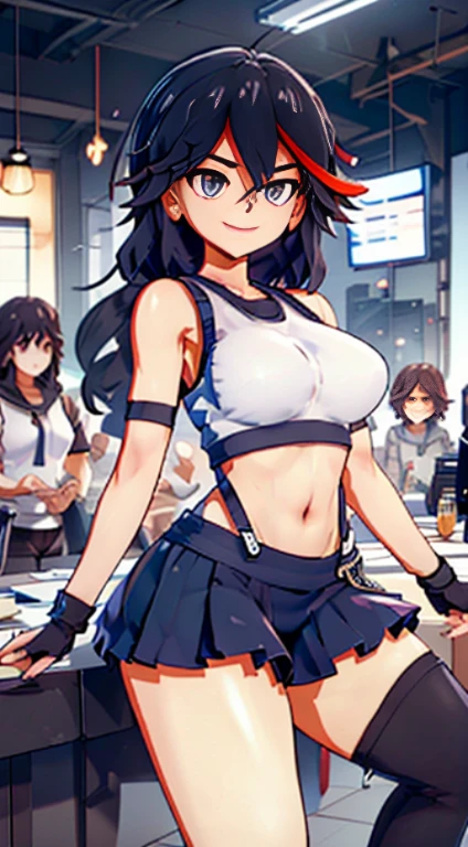 best quality, ultra-detailed, high resolution, extremely detailed CG, unity 8k wallpaper, super detailed skin, detailed, dynamic lighting, beautiful detailed eyes, kill la kill, ryuko matoi, defTifa, red crop top, elbow pad, fingerless gloves, suspenders, very short pleated miniskirt, red boots, bar counter, showing panties, dynamic pose, grey eyes, serious, smile, fighting stance, sparring,