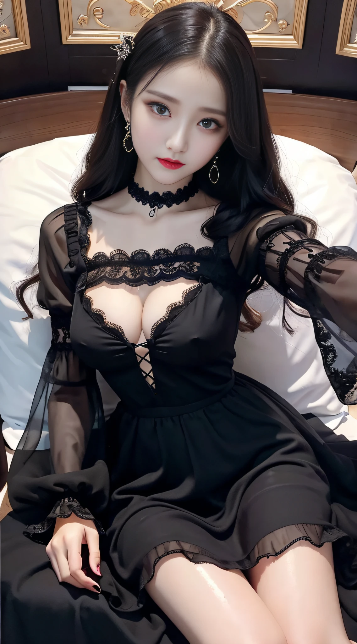 Ultra-detailed、Fascinating beauty、Dainty woman、Cool Girl、Wavy Hair、Black chiffon dress、Wide sleeves、flered skirt、Evil Female Executive、Evil Fall、brainwash、lacy fabric、Glossy legs、lipsticks、Evil look、Suspicious look、Hollow eyes、wicked、Reaching out、Over Head Shot、selfy、stand up、Two people