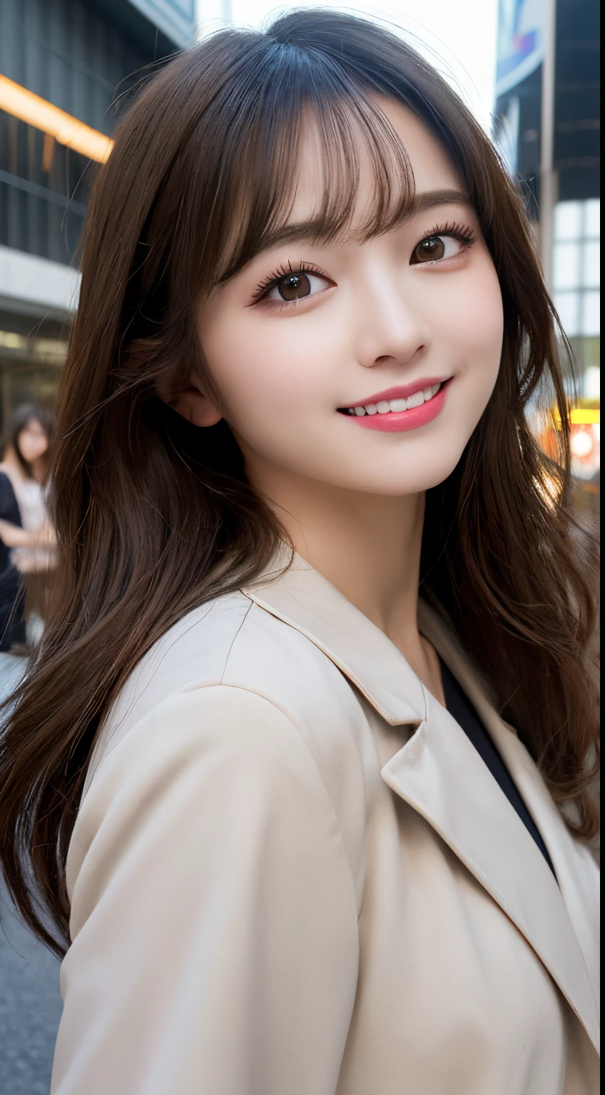 masutepiece, Best Quality, Illustration, Ultra-detailed, finely detail, hight resolution, 8K Wallpaper, Perfect dynamic composition, Beautiful detailed eyes, trench coat,Straight hair,Small breasts natural color lip, Bold sexy poses,Smile,Harajuku、20 years girl、Cute、Sexy shot looking at camera