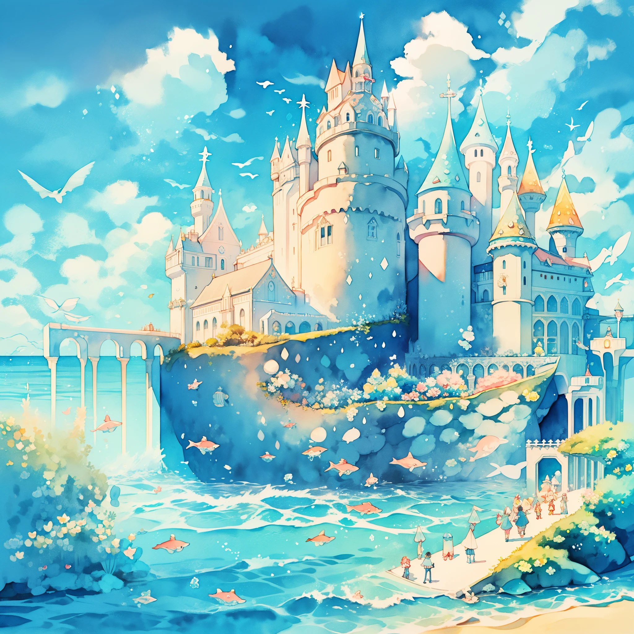 picture book illustration, watercolor storybook illustration, ((seaside castle)), (ocean beach), ((fantasy castle)), fairytale towers, clouds, vibrant pastel colors, dream, colorful, whimsical, magical, masterpiece, best quality, sharp focus, intricately detailed environment, fine detail, 8k resolution, (colorful), cute