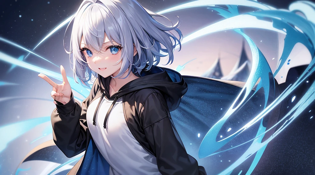 Look at viewers, hands behind back, girl with, 20 years old, Very short hair, long bangs between eyes, pale blue eyes, Hoodie, Skirt , Blue sky, Sunlight, Extremely detailed,(​masterpiece、top-quality)、独奏、White hair、Black eyes、A smile、White skin as clear as snow、Fantastical, Silver hair, Blue eyes, Beautiful eyes,, Ecstasy, charmed, be smitten with audience, Hoodie, White hoodie,a black skirt,Hair is short,snowscape