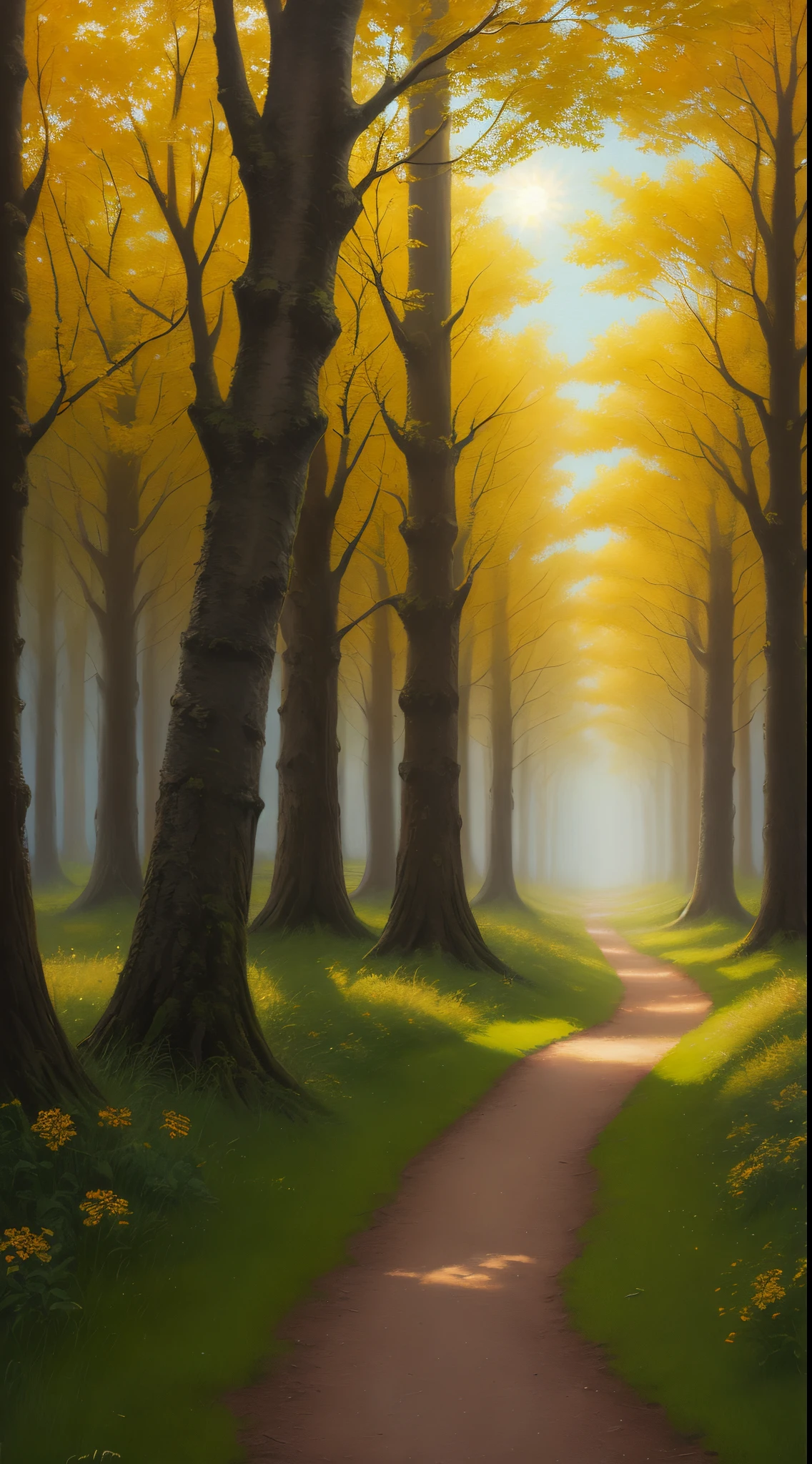 Path field tree sun oil painting
