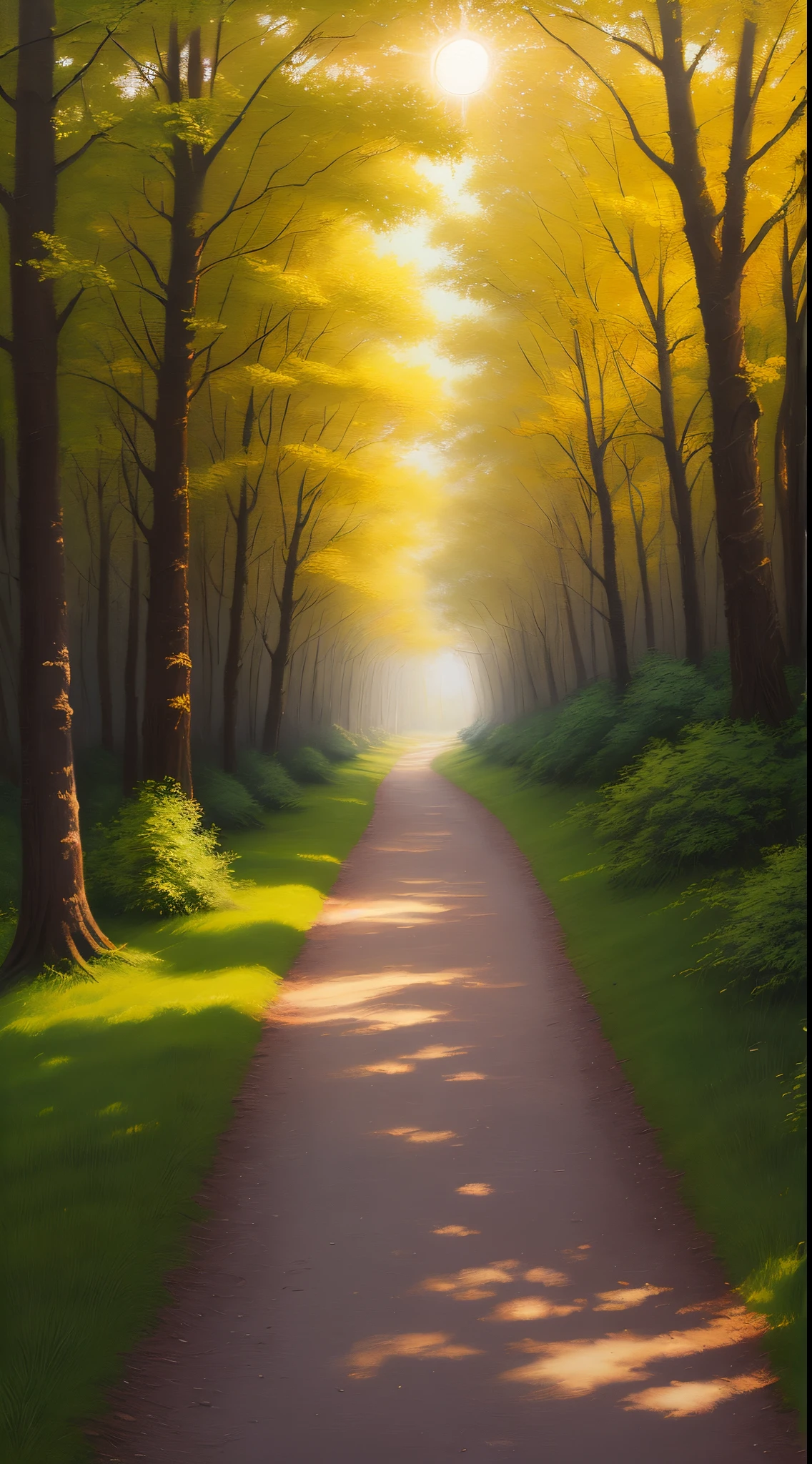 Path field tree sun oil painting