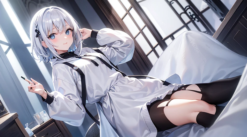 yuanyizhezhi, 1girl, hair ornament, blue eyes, solo, school uniform, hairclip, looking at viewer, long sleeves, indoors, white shirt, pleated skirt, neck ribbon, blush, collared shirt, silver hair, short hair, blue skirt, bangs,