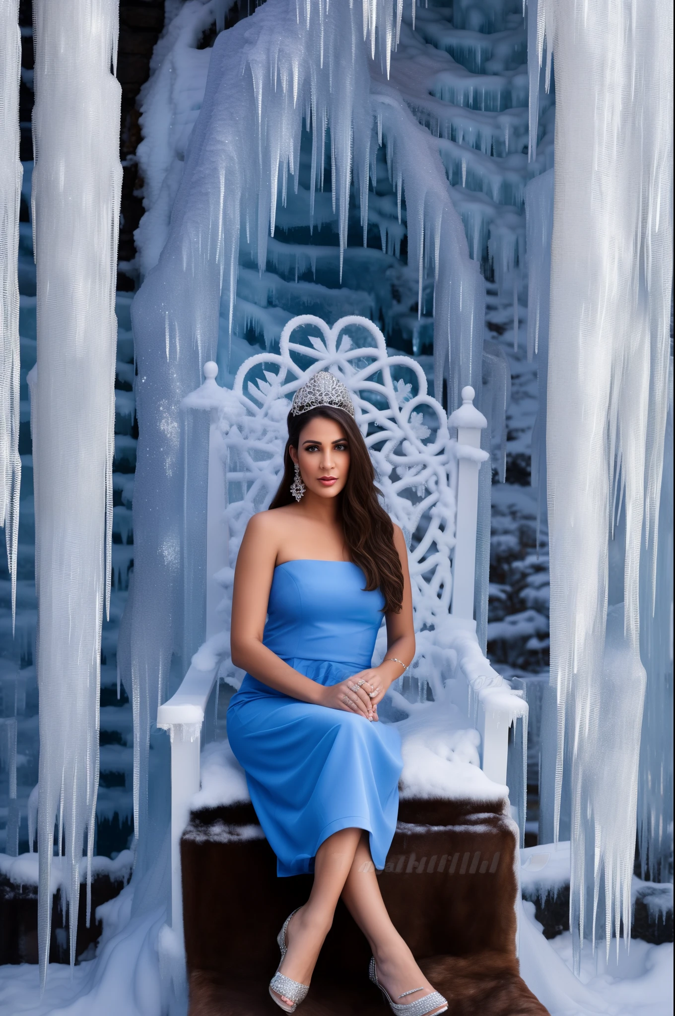 Ice Goddess, beautiful women, perfect face, Sitting on forzen throne, beautiful blue dress, icicle earrings, Castle setting, Ring on finger, no mutated body parts, 4k image, 30 yrs old