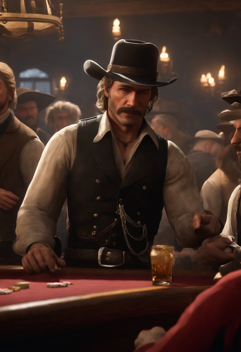 A photo of a crowded saloon, with people drinking and . There are fights breaking out in the corner and money flying through the air.,Red Dead Redemption 2,Micah has shoulder-length blond hair, along with a thick horseshoe mustache and side-whiskers. Micah is slightly portly and often wears an undone black leather coat, a red or black shirt accompanied by a red vest, a blue neckerchief, beige trousers, and a white hat., male