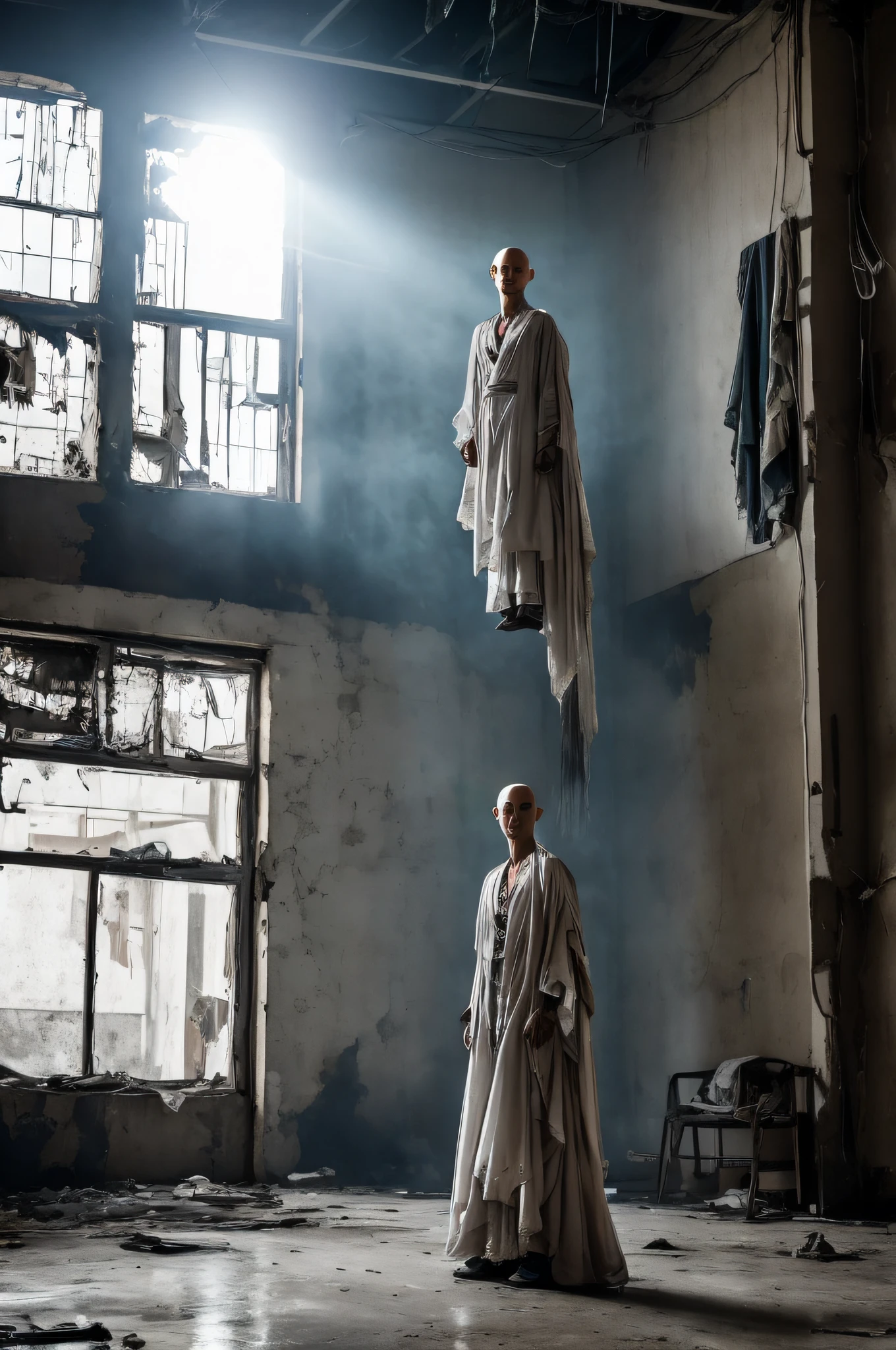 Generate a striking image portraying a bald hairless woman daring escape from a high-security military facility, clad in a precarious and tattered medical patient's gown. The gown, more reminiscent of makeshift attire, barely reaches her knees and hangs in ragged shreds, bearing witness to the challenges she's overcome. Streaked with dirt and grime, the gown contrasts sharply with the sterile surroundings, telling a visual tale of her journey through the facility. Despite its dilapidated state, the gown takes on an unintended rebelliousness, becoming a symbol of resilience and adaptability. As she navigates the clinical corridors, the disheveled gown adds a layer of complexity to her escape, embodying the clash between vulnerability and the tenacity of her supernatural prowess.