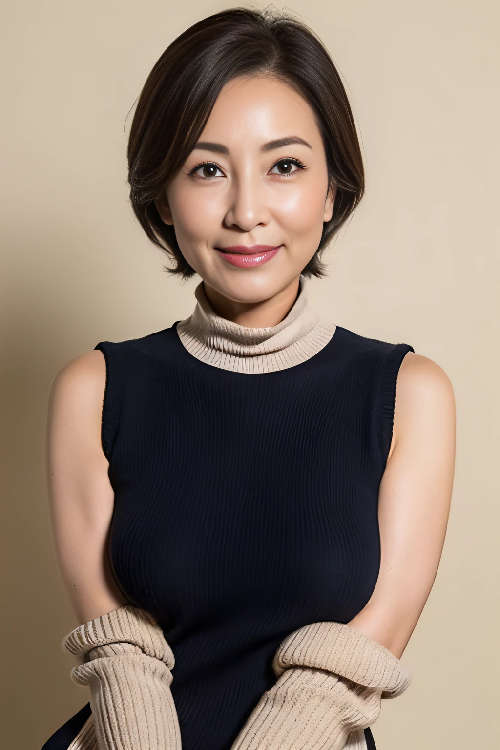 japanese mature, (Solo), 50 years old, (Wrinkles at the corners of the eyes:1.2), Large breasts, A MILF, glamor, A sexy, Chromo-white skin, Looking at Viewer、Super large udder、Wearing a sleeveless turtleneck knit、Tight Fit Knitted Dresses、Muchimuchi、Black pantyhose、high-heels、ssmile、Public places、legs crossed、Panties exposed