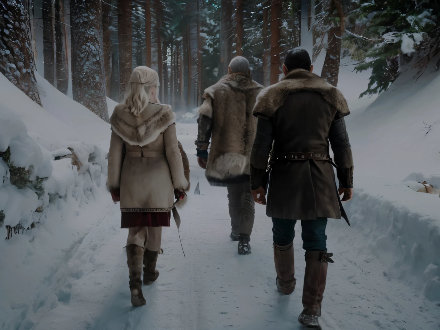 wide angle, 8k ultra-detailed, (best quality:1.3), cinematic shot, masterpiece, (sharp focus:1.5), (photorealistic:1.3), portrait, snow cold ambience, snowy woods, father and daughter, Gandhi look-alike warrior, Daenerys Targaryen look-alike girl, fur clothes, determined, back view walking, foot prints in snow