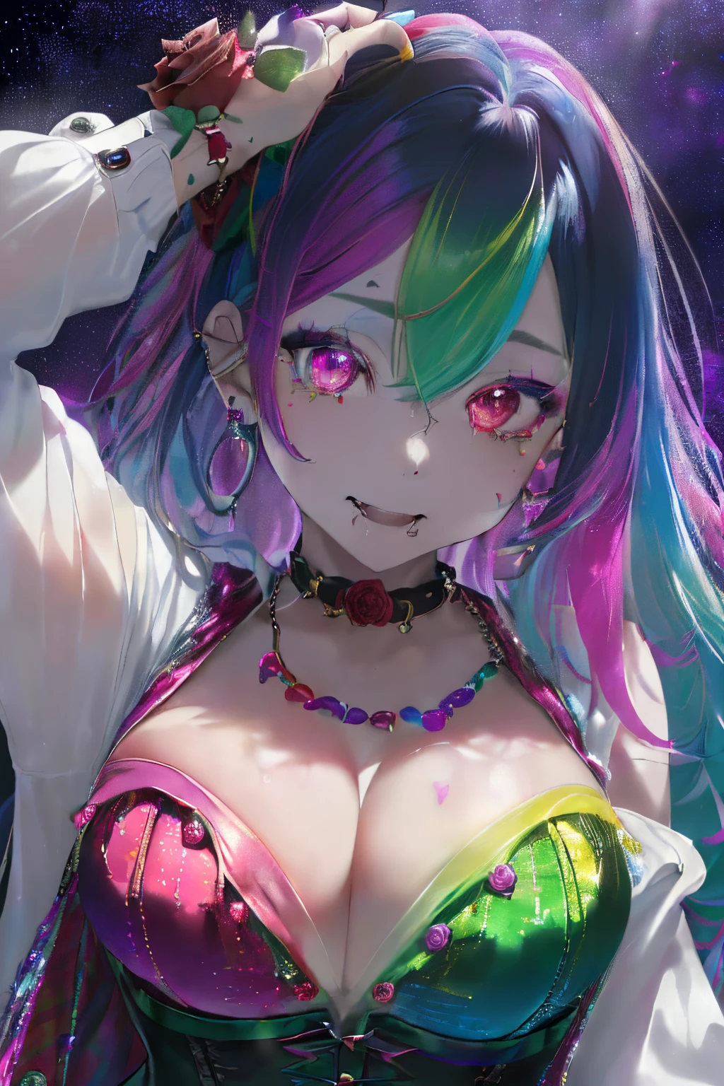 ((appearance々Colorful rainbow hair with mixed colors)),((Curled Hair)),(Bewitching smile),((Eyes with a mixture of colorful colors)),(balloon sleeve long sleeve clothing),(plaid long sleeve tops),((colorful long vest),((Shining corset with sequins)),((pov from down)),Slight red tide,((I put my hand on my face and scratch it)),((looking at me、she dressed boldly.)),((Covered with rainbow colorful roses))(Vampires),((long fangs)),blood stains on the mouth,(((close up of face))),((Collars and necklaces decorated with roses)),(Rainbow-colored oversized moonlit night),((Late night outdoor)),(The whole thing is enveloped in a faint light),((breast closeup)),