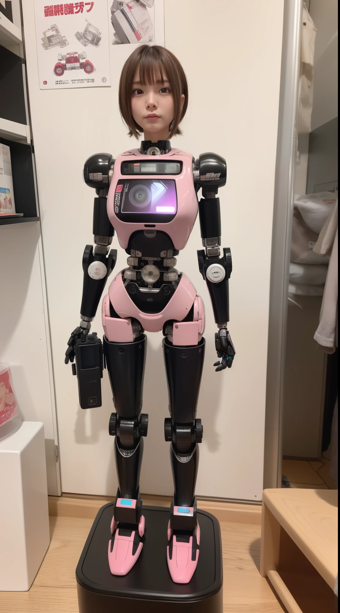 robot girl, pink there, Silver, Metallic body, Robot Parts, Metal Parts, Super Detailed Face, Super well-formed face, of the highest quality, a small face, a small head, Brown hair, slender body, Camera gaze, Internal Mechanical Exposure, Idol, Well-proportioned body, gravure, Photo session, Akihabara, Moe Pose, Standing with legs open, Model body type, sad, Embarrassing,(Perfect Robot Girl),(Perfect machine body)