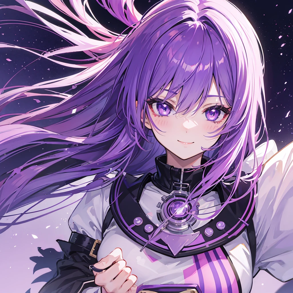 Female, anime, Bright purple hair, Purple eyes, blush marks, Purple Lips, Happy smile, Close up, See sholders and above