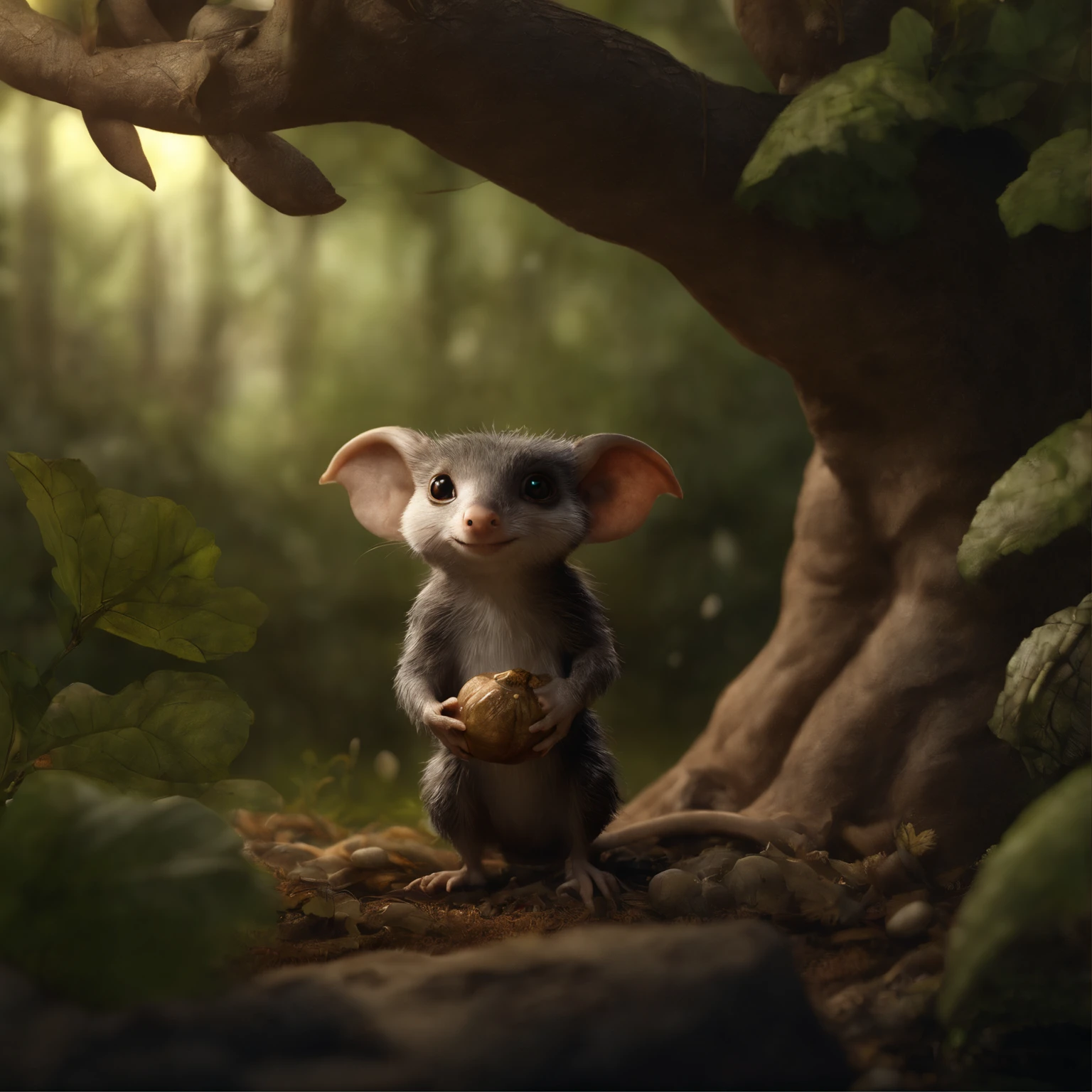 (CBZBB:1.25),gremlin, gremlin, looks like , taupe((taupe)), in a clearing under an oak tree, holding a large acorn in his paws, CBZBB,Cute, Small, baby, Beautiful, Fantasy art, deviant art, trending artstation, Digital Art, Detailed, Realistic, humanoid, character, tiny, Cinematic shot, cinematic portrait of a mole, cute character, looks like a gremlin, looks like a mole, ,gremlin, mole-like, bright silver and brown, tail, large ears, covered with silver fur, holding a large acorn in his paws, water, Burrow, tree roots stick out from the walls in the hole, mushrooms sticking out of the ground, Best Quality, Masterpiece, in style of dark fantasy art,真实感, Realism, tmasterpiece, Brad Jongsan walks in the jungle (Night of the Fireflies), (higly detailed: 1 1), rough face, natural skin, hiquality, NSFW, pretty eyes, (Detailed face and eyes), (s face: 1 2), tumult, Complementary, real-photo, ....PSD, Lightweight Film Photography, sharp-focus, contrast lighting, Detail Skin, high resolution 8k, Crazy detailing, Realistic, professional photo of a, 8K UHD, dslr, soft light, hiquality, film grains, Fujifilm XT3, cartoonish style, fantasy style,