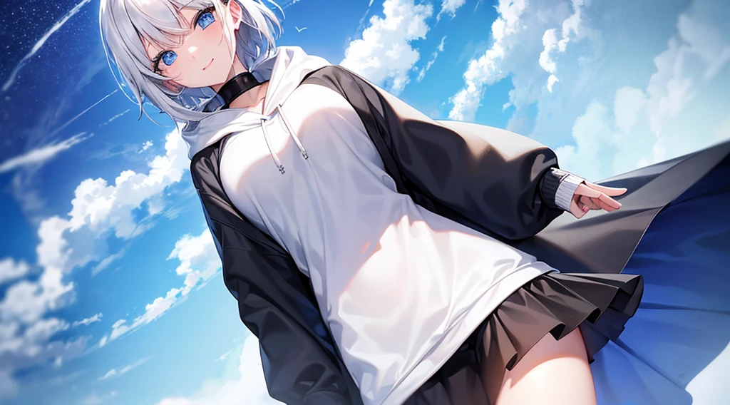 Look at viewers, hands behind back, girl with, 20 years old, Very short hair, long bangs between eyes, pale blue eyes, Hoodie, Skirt , Blue sky, Sunlight, Extremely detailed,(masterpiece、top-quality)、独奏、White hair、Black eyes、A smile、White skin as clear as snow、Fantastical, Silver hair, Blue eyes, Beautiful eyes,, Ecstasy, charmed, be smitten with audience, Hoodie, White hoodie,a black skirt,Hair is short,Blue sky , Sunlight