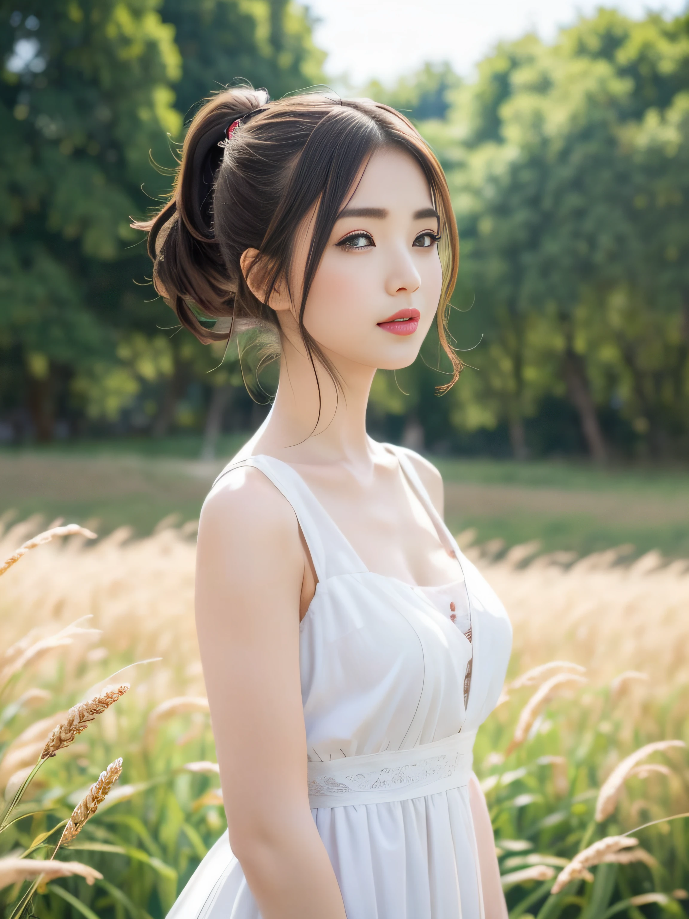 (masutepiece:1.4),, (Best Quality:1.4),, 超A high resolution,, 8K, nffsw,, (Extremely delicate and beautiful:1.2),, , Upper body,, From Side,, Looking at Viewer,, , 1girl in,, Solo,, fashi-girl,, Mature girl,, , Cute, Dolce,, , In the wheat field,, Blurry background,, , long brown hair,, Ponytail hair,, , Brown eyes,, Closed mouth,, Red lips,, , Face fluttering in the wind,, , White Dress,, medium breasts,