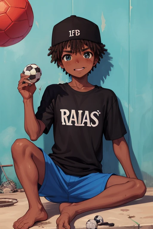 Poor dirty black boy who lives in the favela of Rio de Janeiro with a soccer ball in his hand wearing a shirt that says R.footz