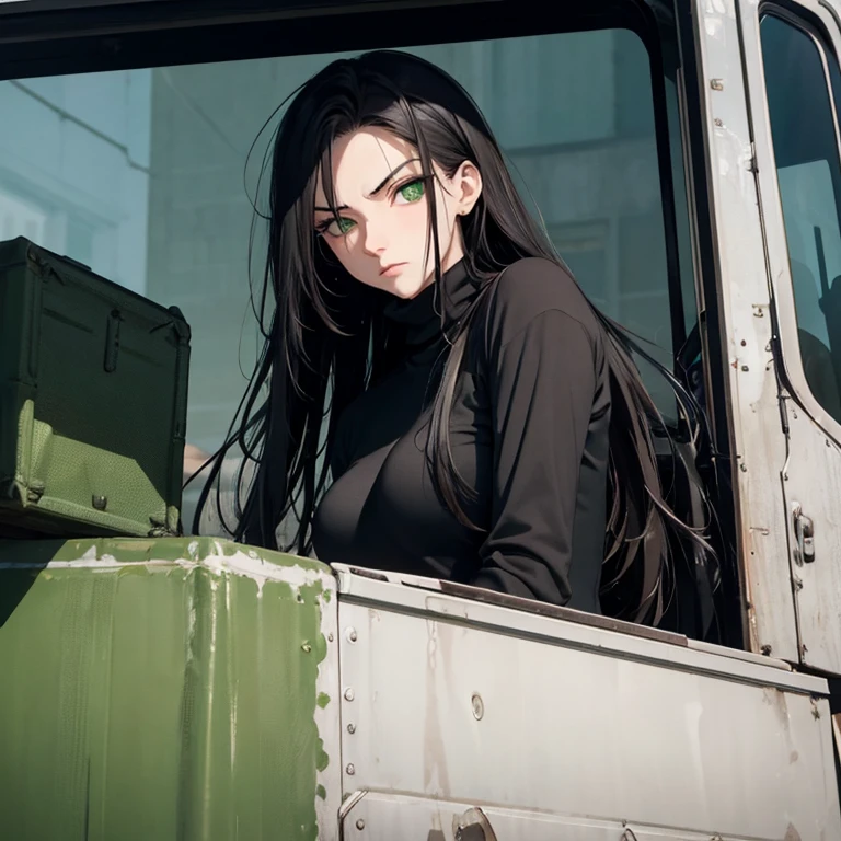 (Background: inside of the back of a truck) (ominous color pallet) One 24 year old woman + long black hair + green eyes + serious expression + black turtleneck with tactical gear over it