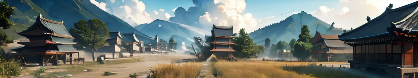 Doomsday style,landscape,battlefiled,steed,smoke of gunpowder,flame of war,Ancient Chinese architecture,dilapidated ancient chinese buildings