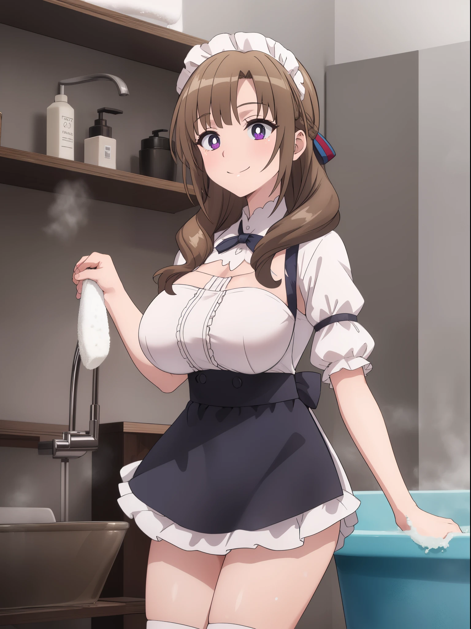 Mamako, 1girl, solo, portrait, big breasts, smile, french maid dress, ((short skirt)), frills, apron, (((scrubbing tub))), bathroom, perfect quality, good quality, masterpiece, HDR, UHD