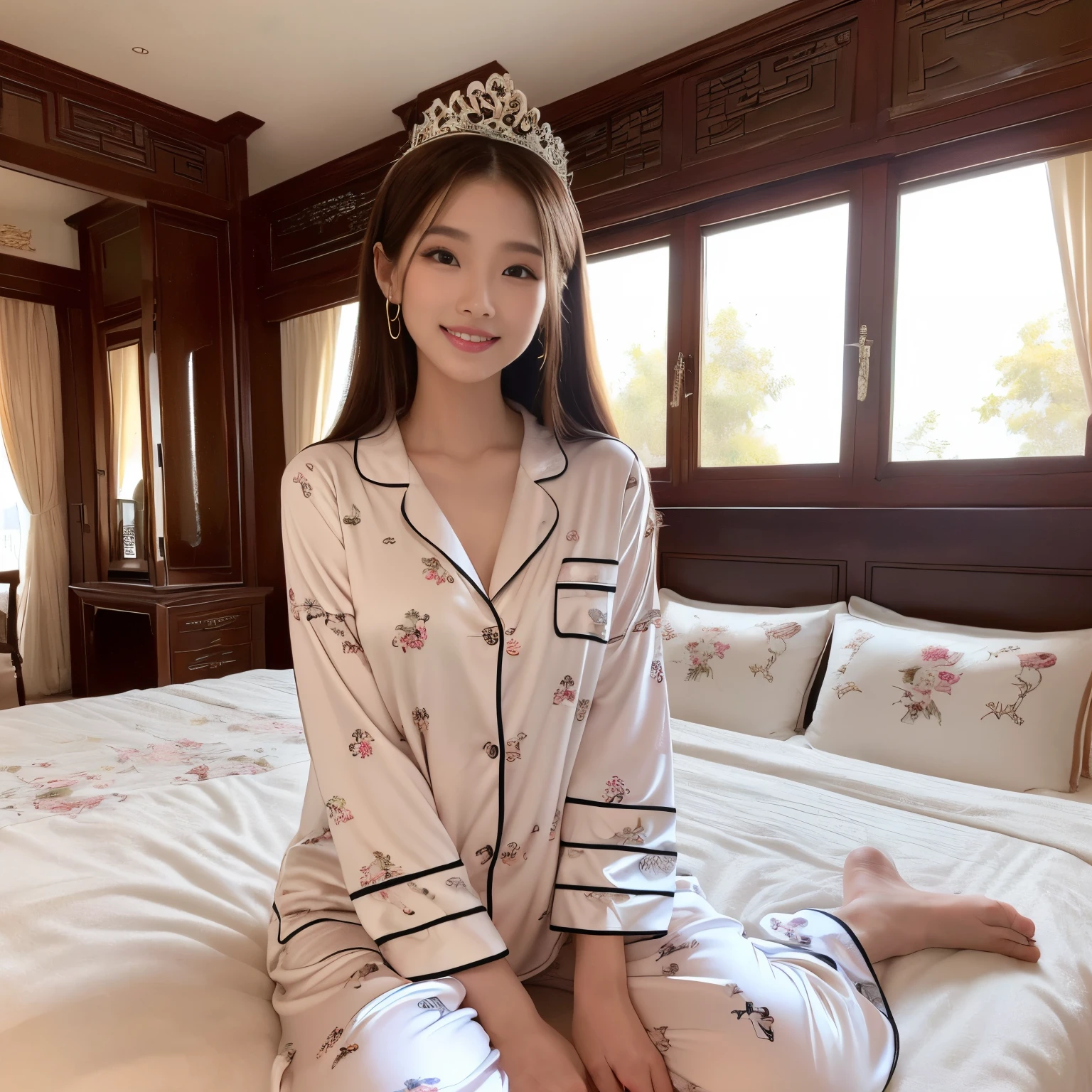 Best-quality, Masterpiece, Ultra-High-Resolution, (Photorealistic:1.4), Raw-Photo, 1girl, 15-years-old, the most famous Japanese idol, portrait, on luxury-bed, innocent smile, extremely cute face like the most popular Japanese idol, (((extremely beautiful big-black-eyes))), extremely beautiful black-short-cut-haired, extremely beautiful long-eyelashes, extremely beautiful lips, extremely beautiful skins, wearing only pajama with cute-design, detailed luxury-bed, detailed pajama-with-cute-design