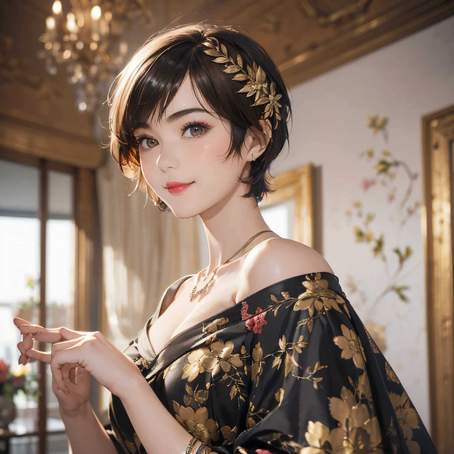 123
(a 20 yo woman,is standing), (A hyper-realistic), (high-level image quality), ((beautiful hairstyle 46)), ((short-hair:1.46)), (Gentle smile), (breasted:1.1), (lipsticks), (florals), (Luxurious room), (Depth of field is deep), (Modern)