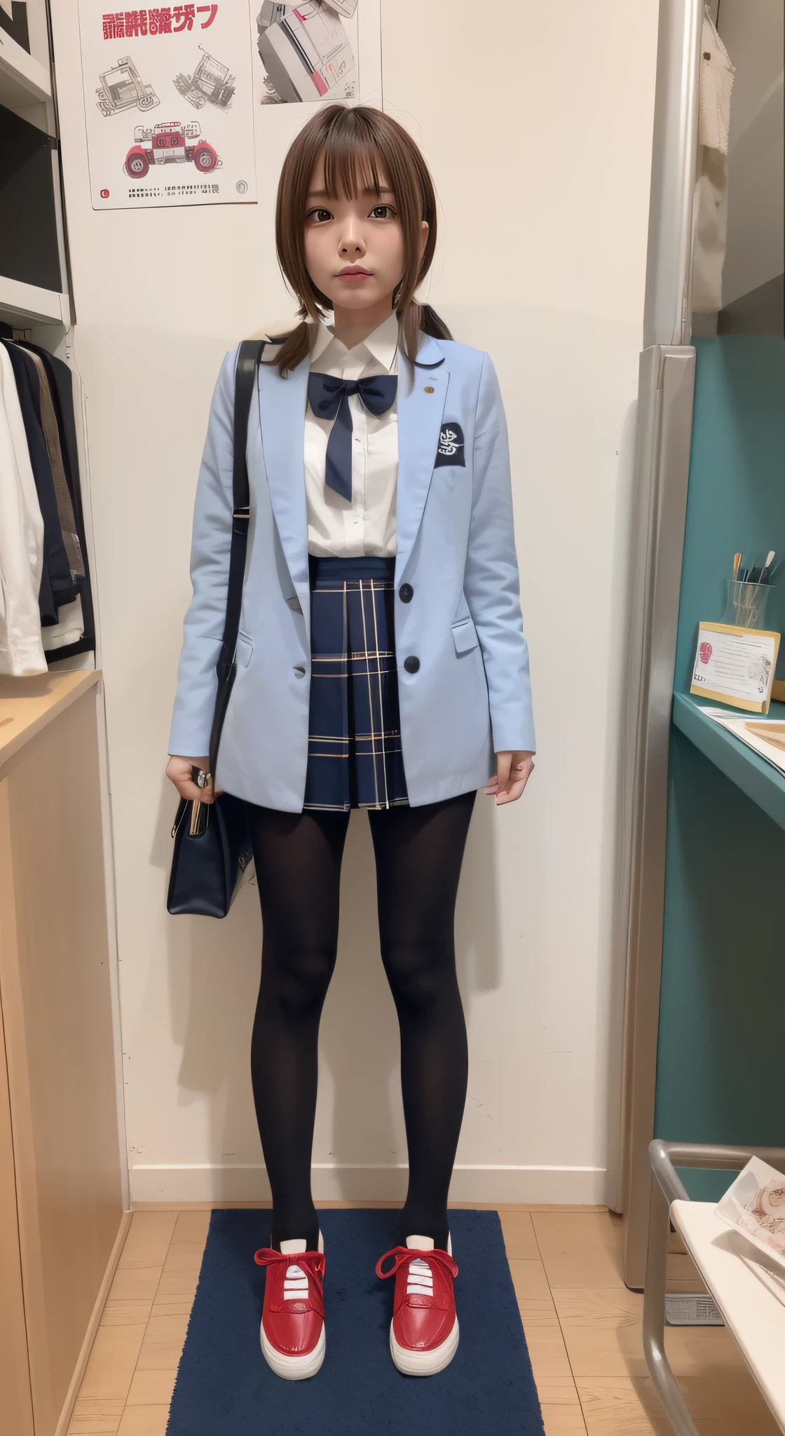 student clothes ,blazers ,Long sleeve shirt worn by Japan high school girl ,Ribbon Ties ,Dark blue mini skirt, Dark blue socks, Black loafers