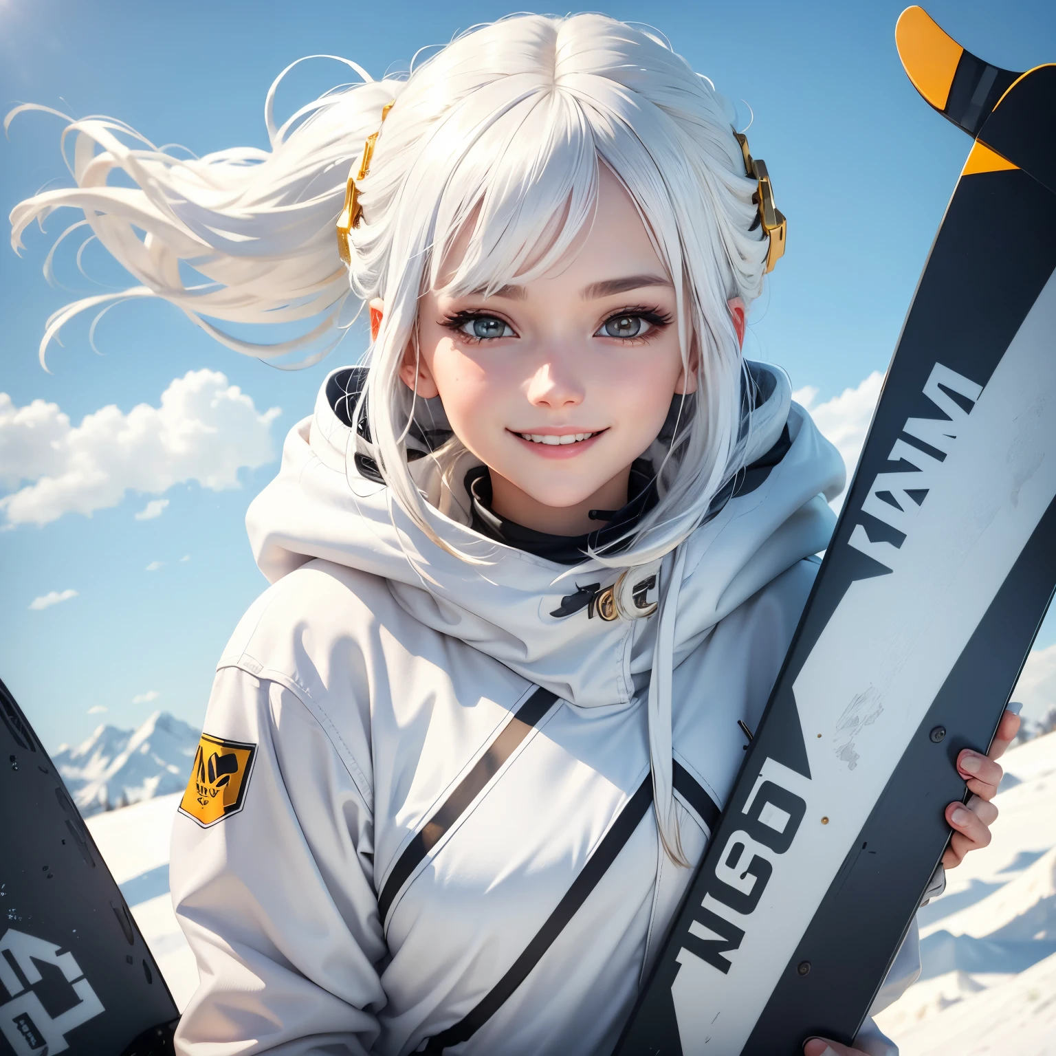best quality, white hair, gold eyes, white clothes, looking up, hair strand, Fair skin, smiling, she is snowboarding