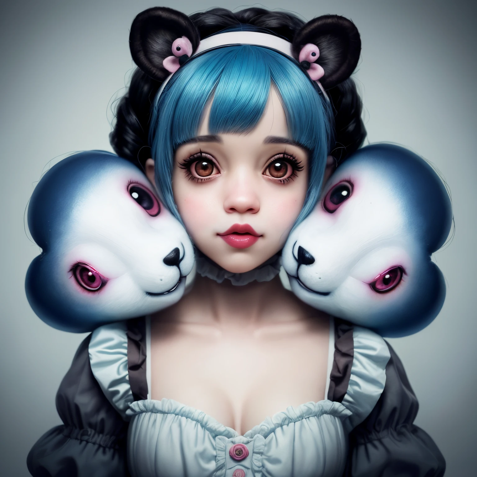 Melanie Martinez, um Alien rosa com 4 olhos, Um gato&#39;a boca e um urso&#39;nariz, e orelhas em forma de borboleta, is a FNAF Animatronic in a realistic art style.