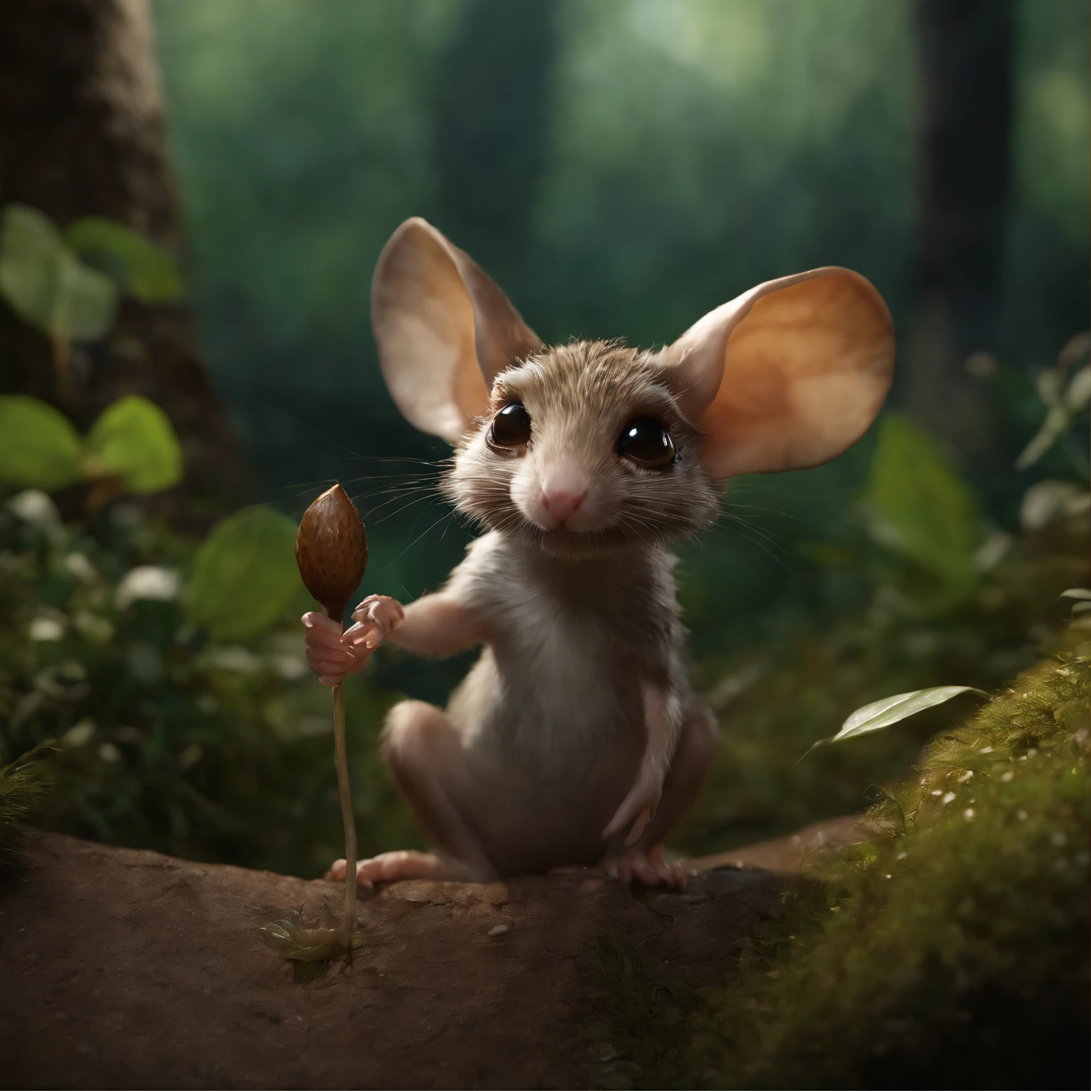 (CBZBB:1.25),gremlin, gremlin, looks like , jerboa((gremlin)), in a clearing under an oak tree, holding a large acorn in his paws, CBZBB,Cute, Small, baby, Beautiful, Fantasy art, deviant art, trending artstation, Digital Art, Detailed, Realistic, humanoid, character, tiny, Cinematic shot, cinematic portrait of a mole, cute character, looks like a gremlin, It looks like a jerboa,gremlin, jerboa-like, bright silver and brown,  tail, large ears,  shaggy tail, elongated nose,, covered with silver fur, holding a large acorn in his paws, water, Burrow, tree roots stick out from the walls in the hole,  mushrooms sticking out of the ground, Best Quality, Masterpiece, in style of dark fantasy art,真实感, Realism, tmasterpiece, Brad Jongsan walks in the jungle (Night of the Fireflies), (higly detailed: 1 1), rough face, natural skin, hiquality, NSFW, pretty eyes, (Detailed face and eyes), (s face: 1 2), tumult, Complementary, real-photo, .....PSD, Lightweight Film Photography, sharp-focus, contrast lighting, Detail Skin, high resolution 8k, Crazy detailing, Realistic, professional photo of a, 8K UHD, dslr, soft light, hiquality, film grains, Fujifilm XT3, dark fantasy style,