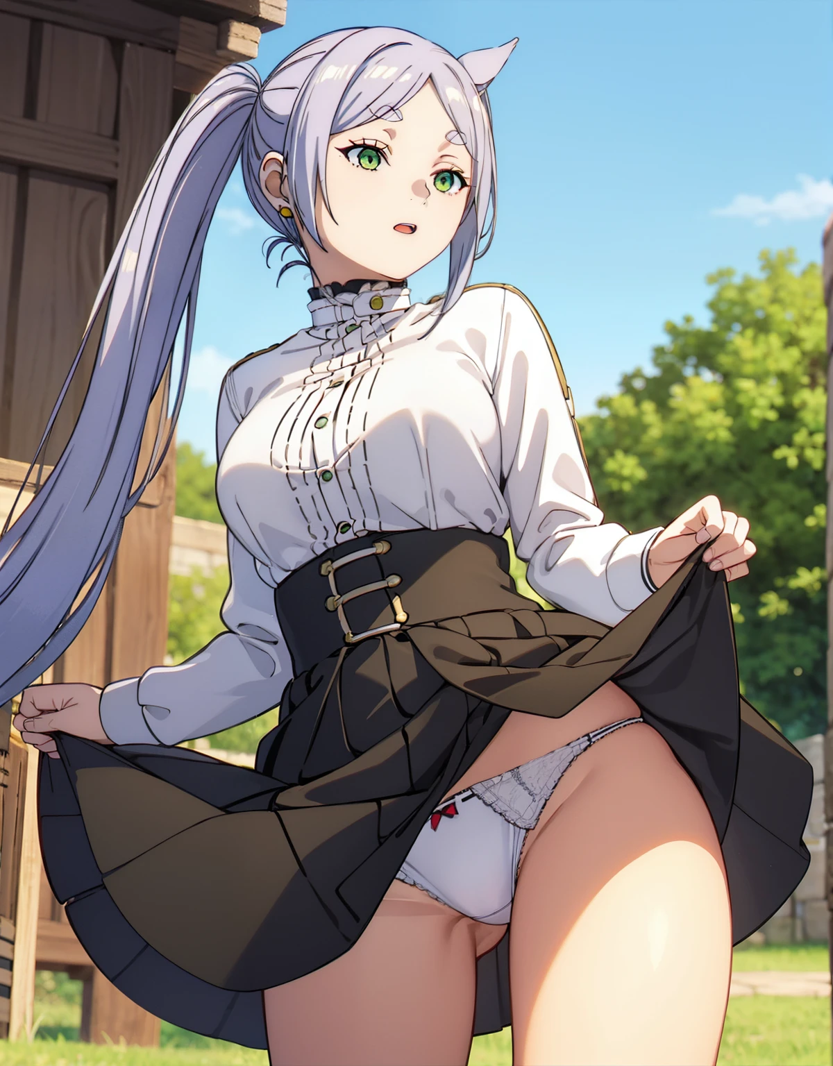 (Best Quality, Masterpiece),sexy, erotic, 18+, nsfw, 1girl, 18 years old, Contempt, pride, long silver hair,sparkling eyes, ((( panties))), ((green eyes)), ((two ponytails)), skirt lift, standing, outside, fields