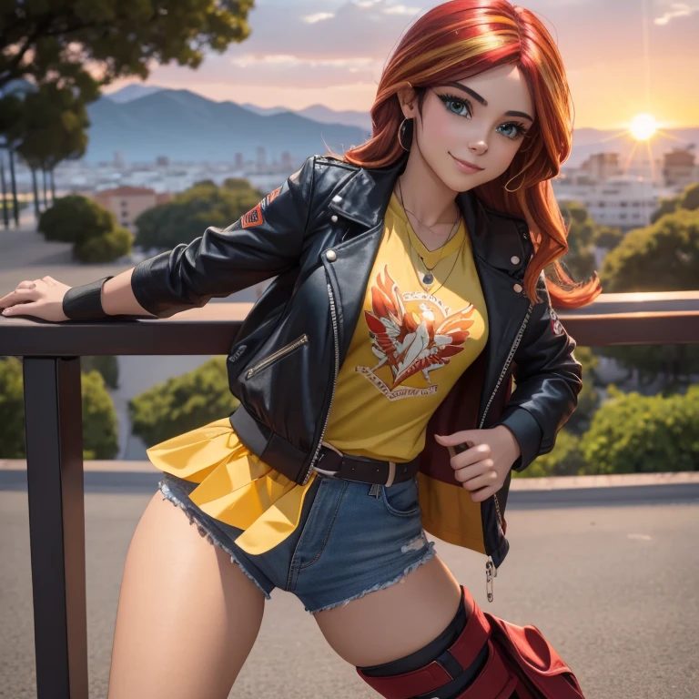 1 hermosa chica , 20yr old , Sunsethuman , Sunset Shimmer from my little pony, Sunset Shimmer in the form of a girl , pechos grandes , pechos voluminosos, pechos firmes , sexy , blusa azul , small black jacket with folded sleeves , pantalon de mezclilla azul ajustado , botas largas con tacon estilo motociclista sexy , tacones , cinco dedos, manos detalladas, dos tonos de pelo, cabello rojo y amarillo , baile, parque , escenario, eslora completa, atardecer , verano, hermosa sonrisa , lindo maquillaje , labios rojos , posando y saludando para foto