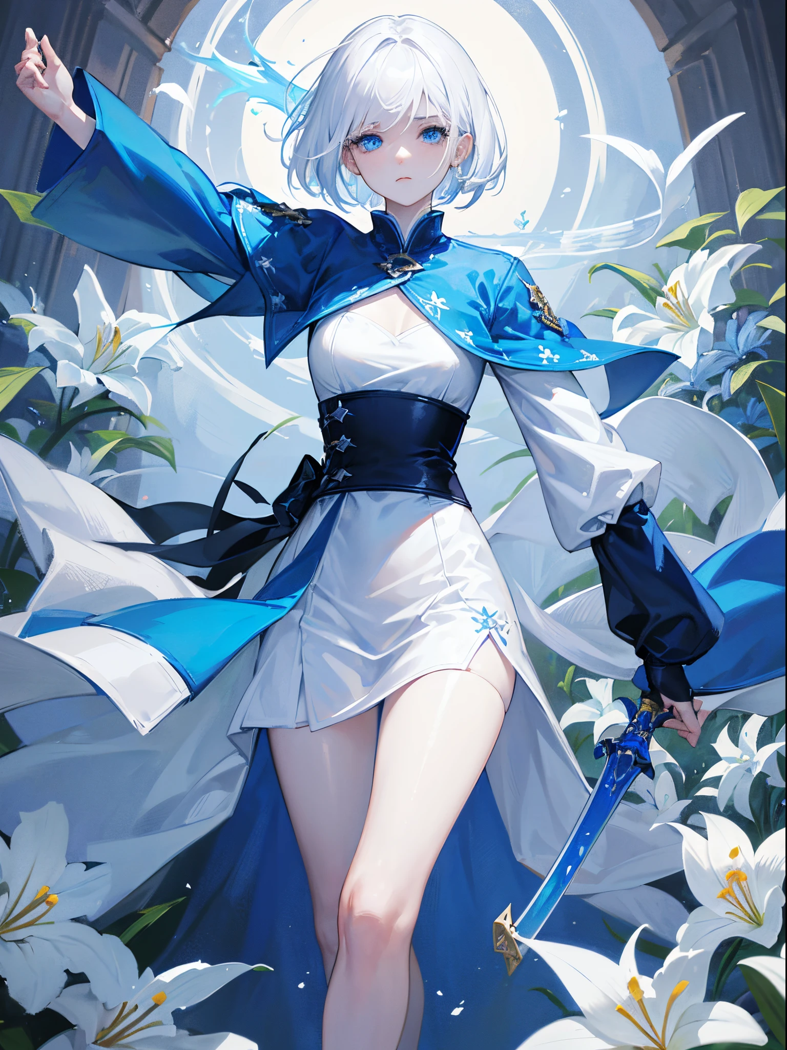 1girl, white hair, short hair, pale skin, blue eyes, white costume, blue long sword, holding a blue sword, sad look, white lilies flowers everywhere, blood on flowers, (masterpiece), best quality, expressive eyes, perfect face