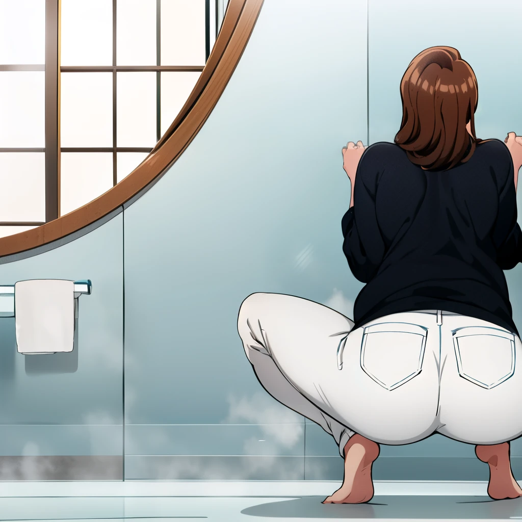 hd masterpiece, best quality, ((bathroom)), 1girl, solo, short hair, brown hair, shirt, ass, barefoot, pants, indoors, from behind, black shirt, squatting, pocket, mature female, white pants