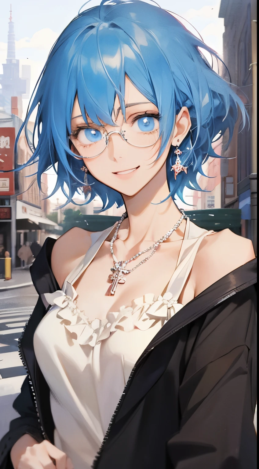 ((masutepiece)), ((Best Quality)), (Ultra-detailed), ((Extremely detailed)), ((UHD)), (8K), Best Quality, (Beautiful), Illustration, watercolor paiting, Anime style, Upper body, Colorful, pop, Focus on the face, city, Town, beautiful women, Solo, neon color, Beautiful BLUE hair, Beautiful dark blue eyes, ((Beautiful eyes)), sidetail, flat breast, tiny chest, Glasses, earrings, Necklace, Laugh Smile,