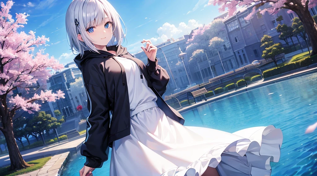 Look at viewers, hands behind back, girl with, 20 years old, Very short hair, long bangs between eyes, pale blue eyes, Hoodie, Skirt , Blue sky, Sunlight, Extremely detailed,(masterpiece、top-quality)、独奏、White hair、Black eyes、A smile、White skin as clear as snow、Fantastical, Silver hair, Blue eyes, Beautiful eyes,, Ecstasy, charmed, be smitten with audience, Hoodie, White hoodie,a black skirt,Hair is short,Blue sky , Sunlight,fantastic landscape,Cherry blossom background,Sea view