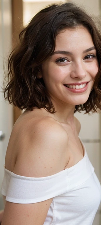 Gere uma imagem realista de uma jovem exploradora digital . Ela tem 25 anos, tem olhos castanhos expressivos e cabelos pretos com brilho natural(( hair with medium length just below the shoulder)). Its appearance is vibrant . Vista-se com estilo Equilibrando conforto e moda, ((They have a facial expression smiling and laughing )))