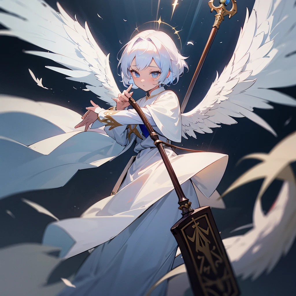 4 arms, nimbus, 4 wings, Angelic appearance, A girl, priest, magic priest's staff, Leather armor, Sacred symbol