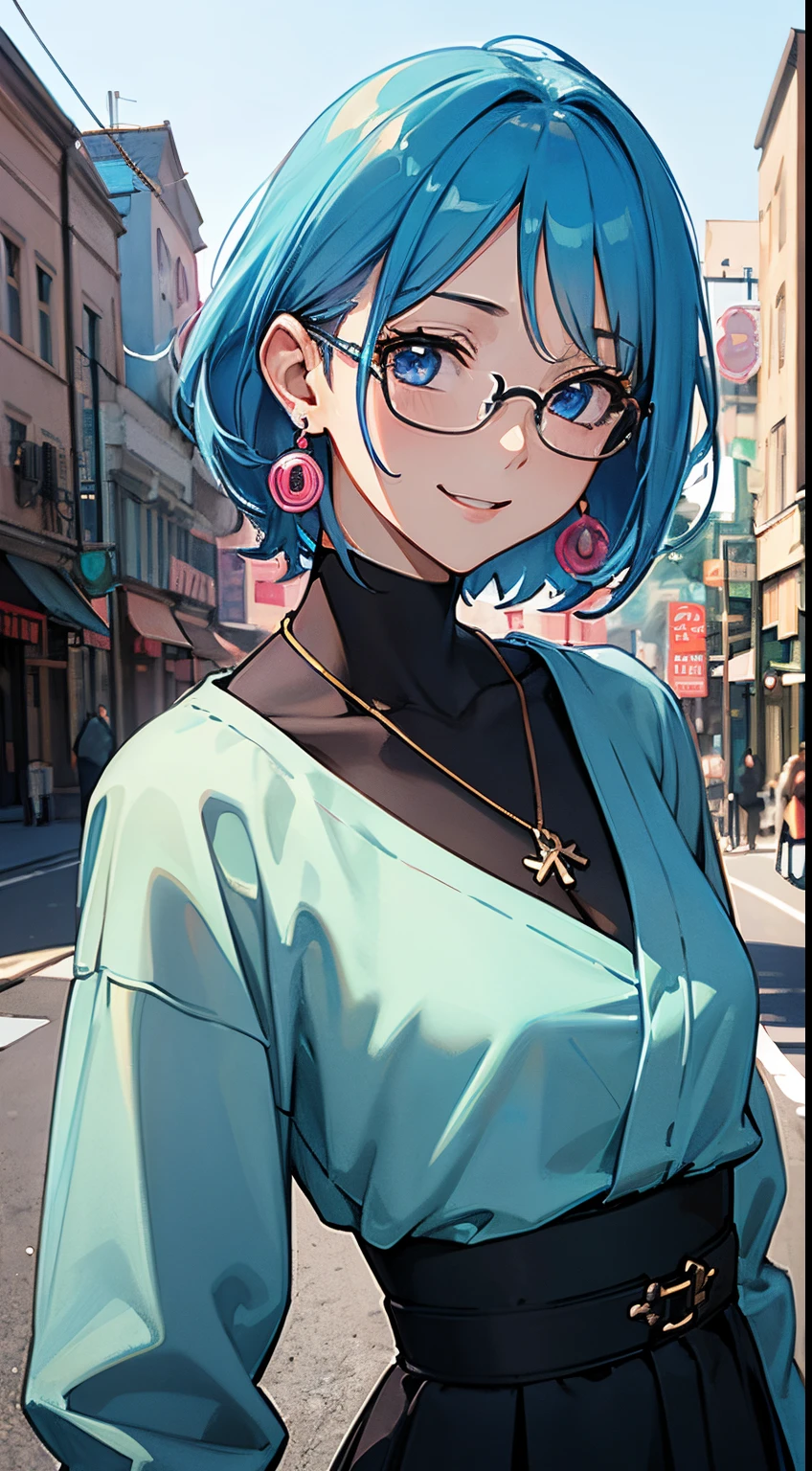 ((masutepiece)), ((Best Quality)), (Ultra-detailed), ((Extremely detailed)), ((UHD)), (8K), Best Quality, (Beautiful), Illustration, watercolor paiting, Anime style, Upper body, Colorful, pop, Focus on the face, city, Town, beautiful women, Solo, neon color, Beautiful BLUE hair, Beautiful dark blue eyes, ((Beautiful eyes)), sidetail, flat breast, tiny chest, Glasses, earrings, Necklace, Laugh Smile,