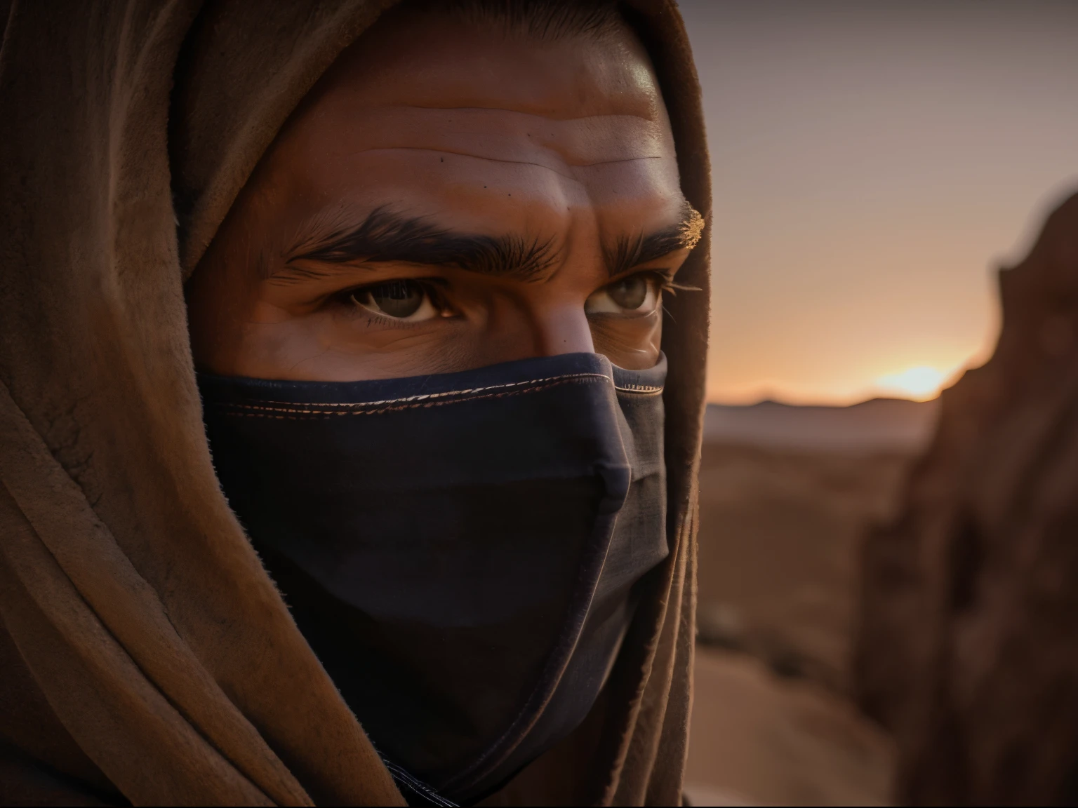 Side shot photo of a tuareg 1 man 25 years old, with his upper body wrapped in bandages. Bandages covers his face revealing only eyes, high contrast, sunny day, side view, medium portrait, desert punk, best quality, cinematic lighting, realistic, highly detailed