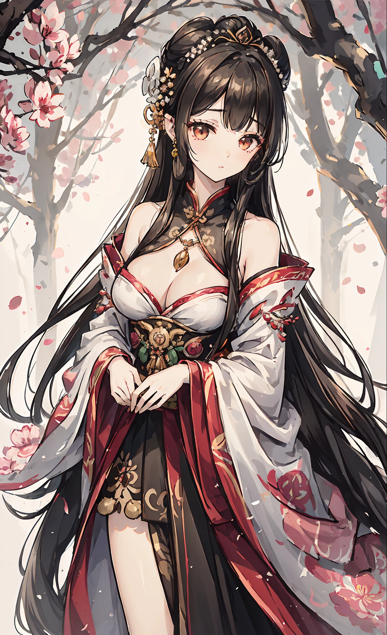 (tmasterpiece:1.2),Atdan, 1 plump girl, Alone, Branch, Blooming flowers, jewely, a skirt, ear nipple ring, that tree, through bangs, Long gray hair, hair adornments, view the viewer, Chinese clothes, black hair color hair, hairflower, Brown hair, exposed bare shoulders, Very long hair, Wide sleeves, longer sleeves