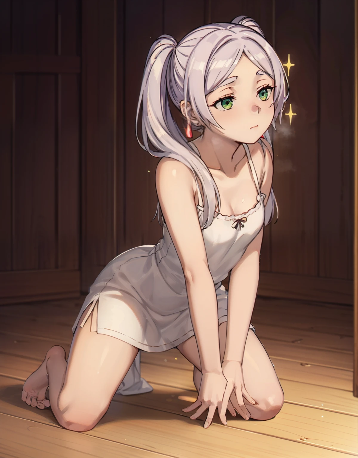 (Best Quality, Masterpiece),sexy,  erotic, 18+, nsfw, 1girl, 18 years old, Contempt, pride, long silver hair,sparkling eyes, ((kneeling)), ((( masturbation))), ((green eyes)), ((two ponytails)), white dress