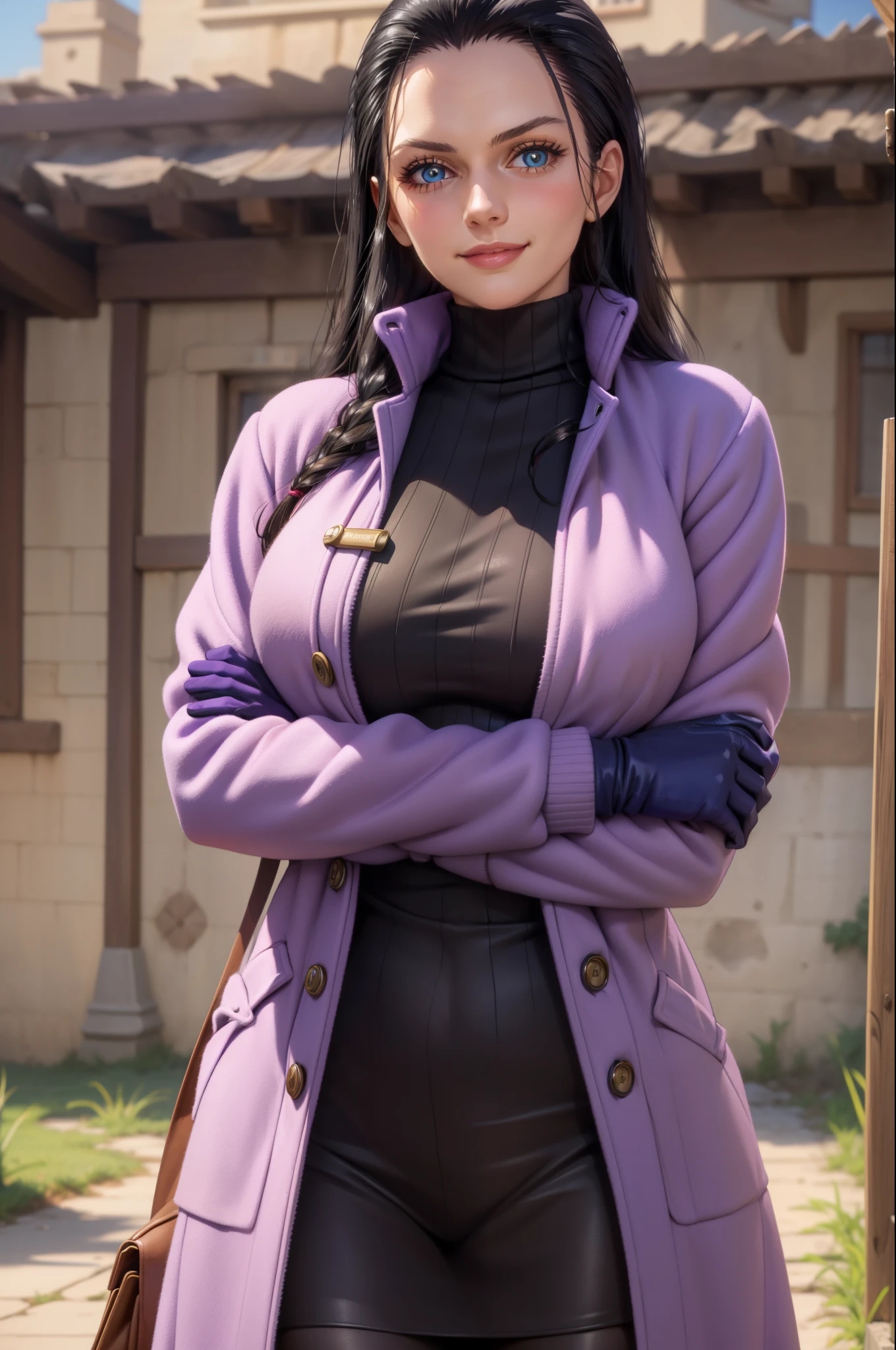 (Masterpiece), 1girl, high quality, best quality, extremely detailed eyes, extremely detailed body, blush, highly detailed, Nico robin, one piece, black hair, blue eyes,  looking at viewer, smile, large breasts, gloves, long sleeves, closed mouth, 1girl, purple jacket, upper body, open clothes, sweater, coat, crossed arms, eyewear on head, brown gloves, ribbed sweater, hair slicked back, purple sweater