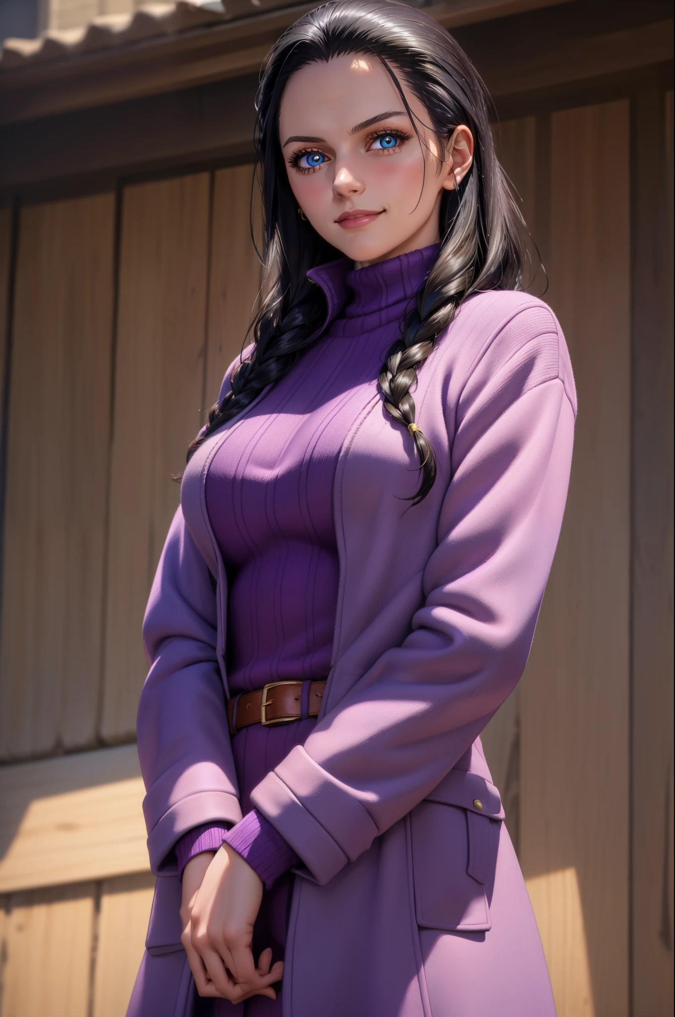 (Masterpiece), 1girl, high quality, best quality, extremely detailed eyes, extremely detailed body, blush, highly detailed, Nico robin, one piece, black hair, blue eyes,  looking at viewer, smile, large breasts, gloves, long sleeves, closed mouth, 1girl, purple jacket, upper body, open clothes, sweater, coat, crossed arms, eyewear on head, brown gloves, ribbed sweater, hair slicked back, purple sweater