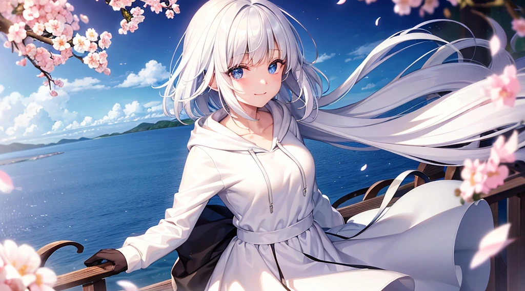 Look at viewers, hands behind back, girl with, 20 years old, Very short hair, long bangs between eyes, pale blue eyes, Hoodie, Skirt , Blue sky, Sunlight, Extremely detailed,(masterpiece、top-quality)、独奏、White hair、A smile、White skin as clear as snow、Fantastical, Silver hair, Black eyes, Beautiful eyes,, Ecstasy, charmed, be smitten with audience, Hoodie, White hoodie,a black skirt,Hair is short,Blue sky , Sunlight,fantastic landscape,Cherry blossom background,Sea view