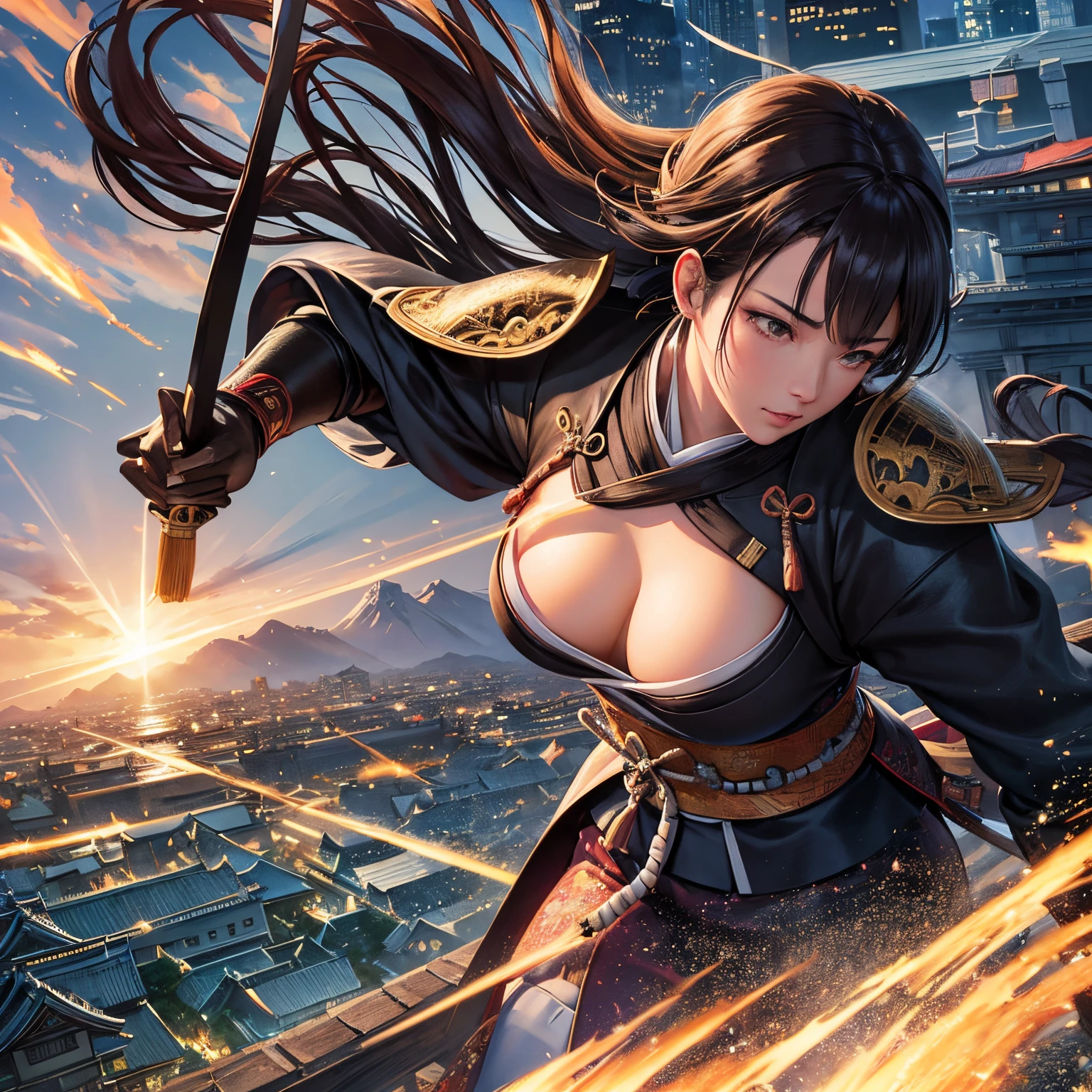 super high quality, 8k, RAW photo, realistic, detailed and delicate depiction and flashy and dynamic painting method, Edo period, samurai, ninja, period dramas, photo studios, theme parks, background surrounded by ultra-modern skyscrapers, (magnificent view:1.1)